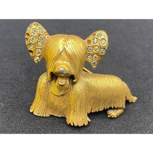 VTG Skye Terrier Brooch Gold Tone Rhinestone Long Haired Jewelry